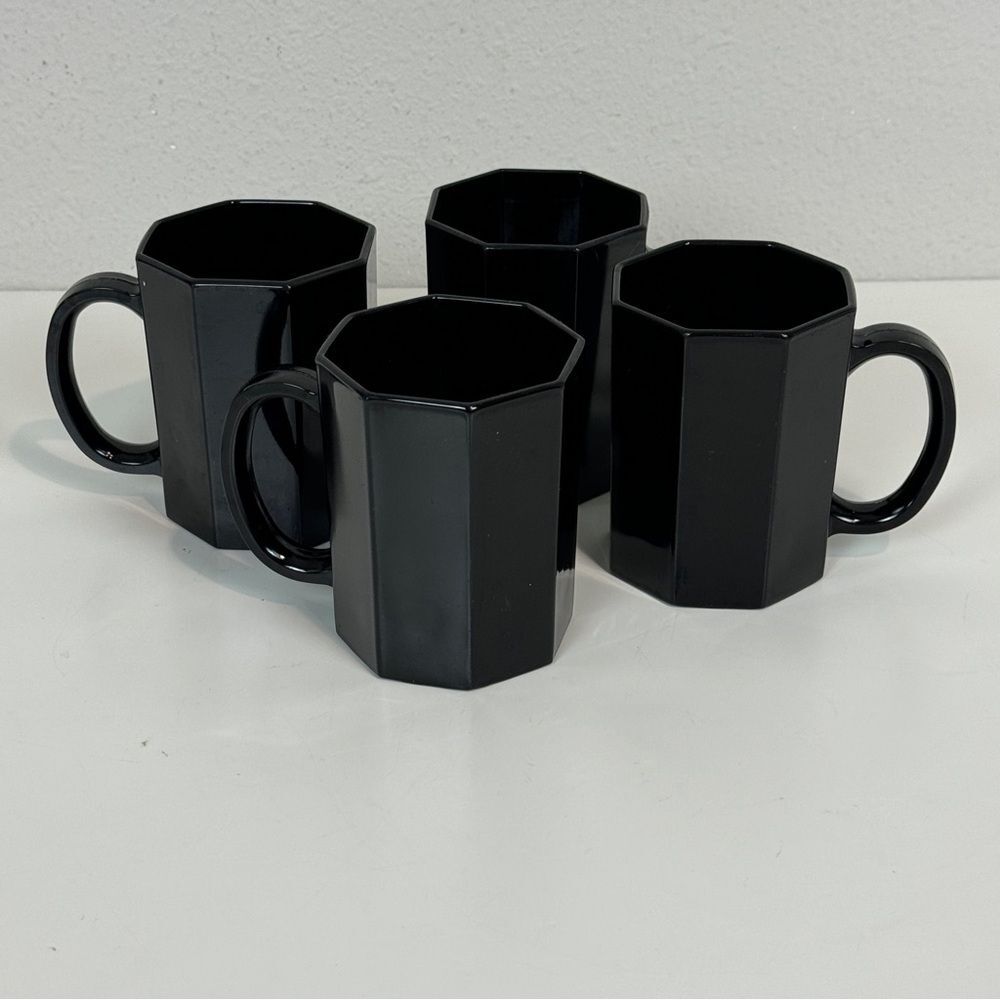 4 Vintage Arcoroc Octime Black Modern Coffee Mugs France 80s